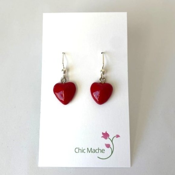 Red Heart Dangle Earrings with Silver Plated Hypoallergenic Ear Wire - Picture 4 of 4